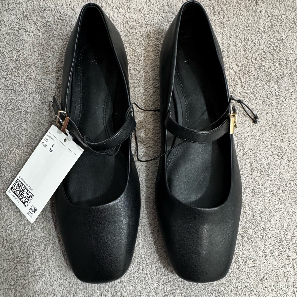 HM Black Suede Mary Jane Ballet Flats Square Toe Buckle Strap Shoes US 4